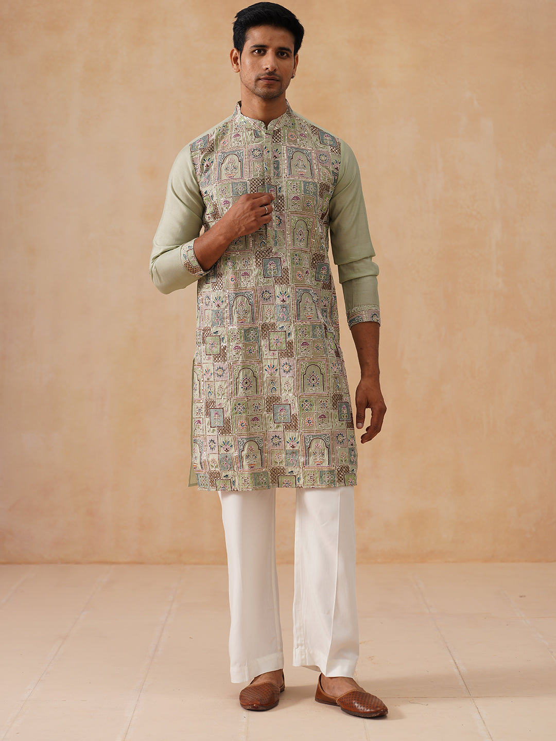 DesiQlo Men Embroidered Kurta Pyjama Set - Green - JOKP_PJ11-W_5174Pis