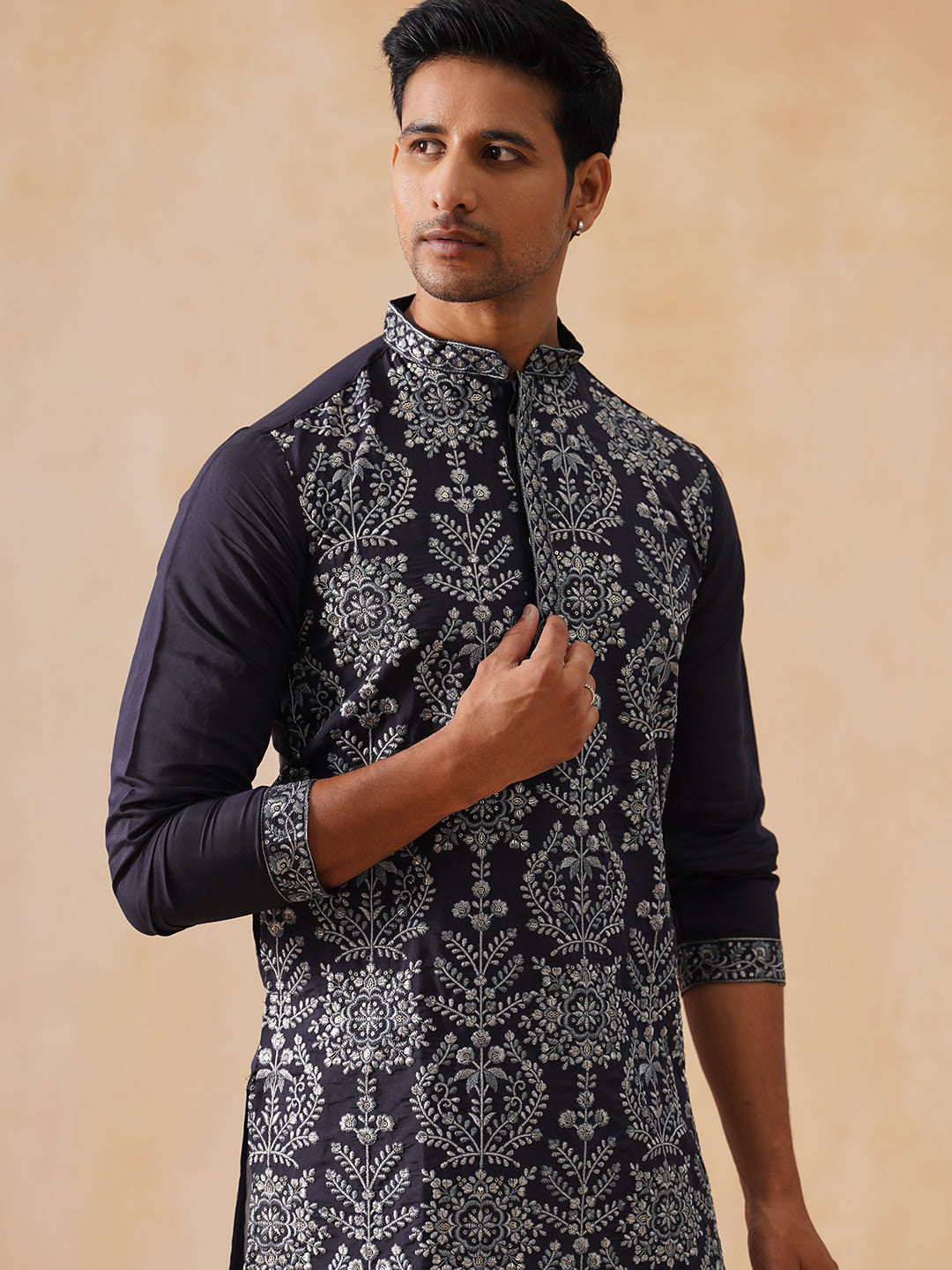 Embroidered Straight Kurta Pyjama Set For Men ( JOKP PJ11-W 5180 PJ11-W 5180Navy )