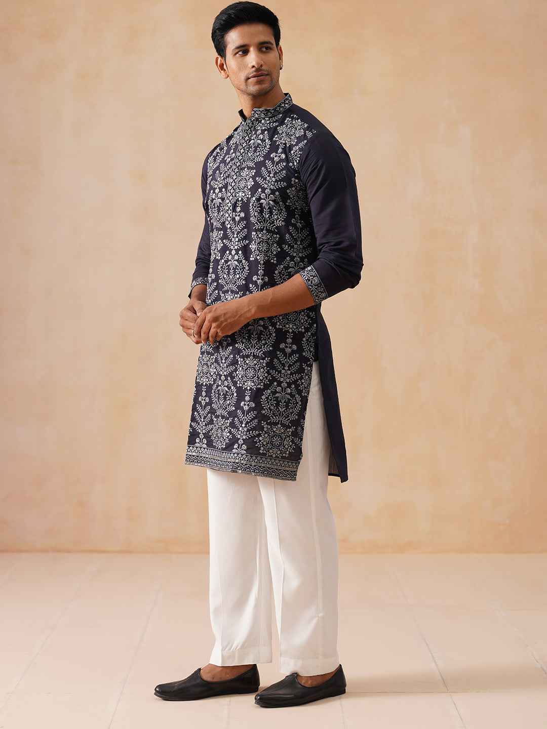 DesiQlo Men Embroidered Kurta Pyjama Set - Blue - JOKP_PJ11-W_5180Navy