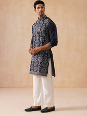 Embroidered Straight Kurta Pyjama Set For Men ( JOKP PJ11-W 5180 PJ11-W 5180Navy )