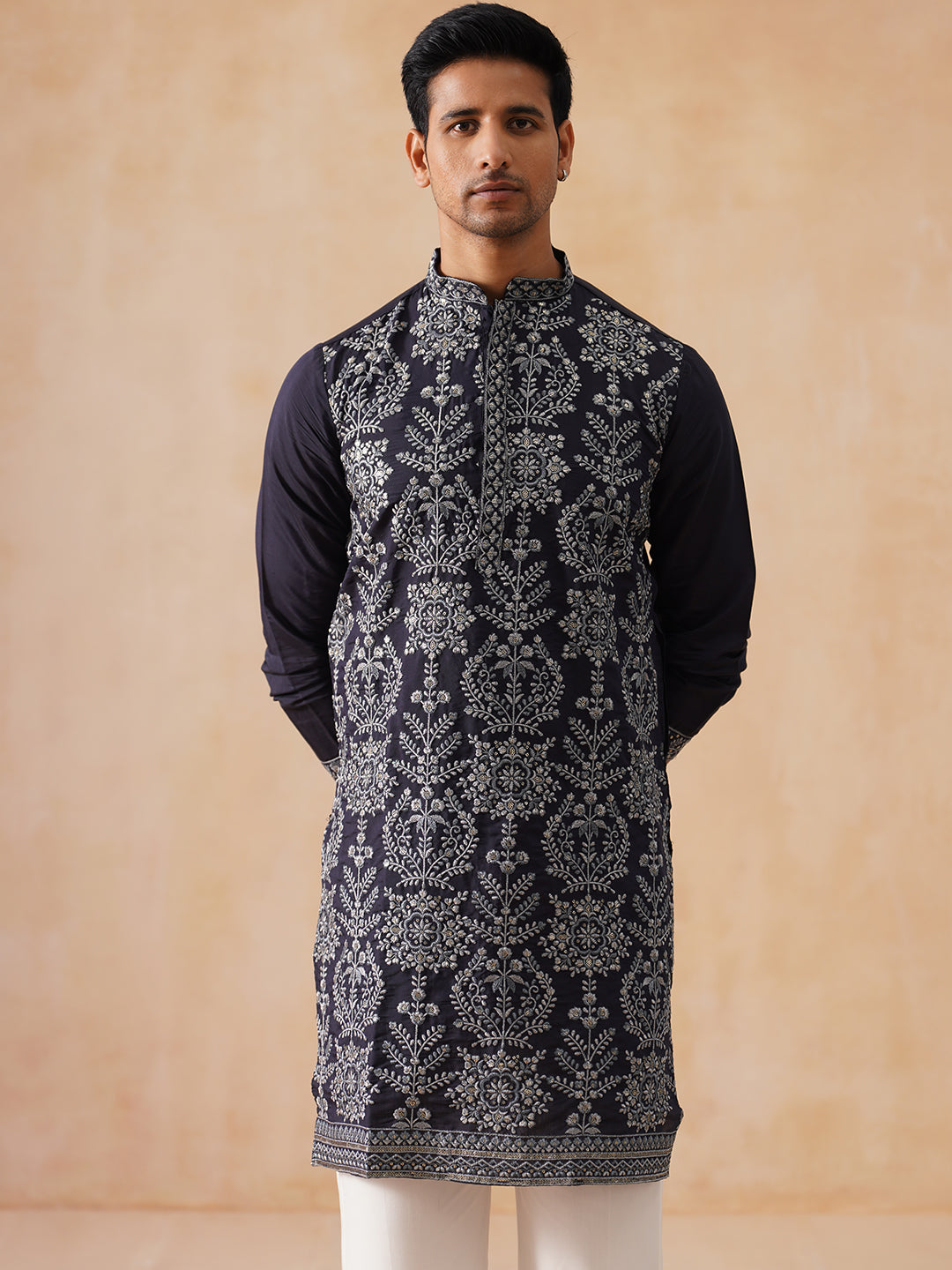 DesiQlo Men Embroidered Kurta Pyjama Set - Blue - JOKP_PJ11-W_5180Navy