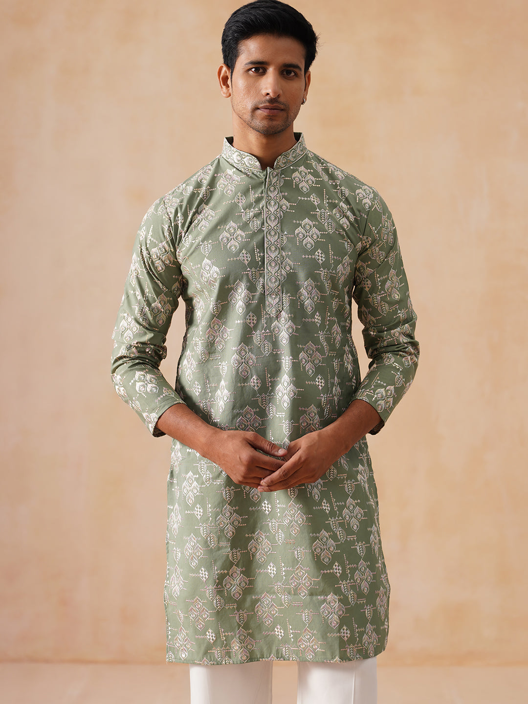 DesiQlo Men Embroidered Kurta Pyjama Set - Green - JOKP_PJ11-W_5229Pis