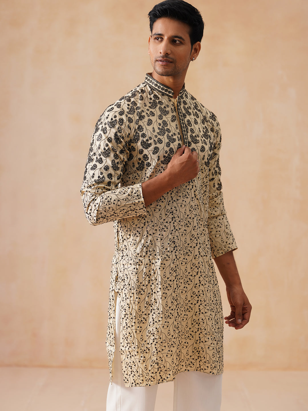 Men's Cream Embroidered Kurta ( KO 5267 Cream ) [FF] [A-1-4]