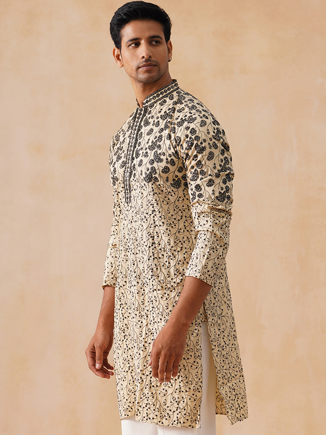 DesiQlo Men Floral Kurta Only - Beige - KO_5267Cream_S