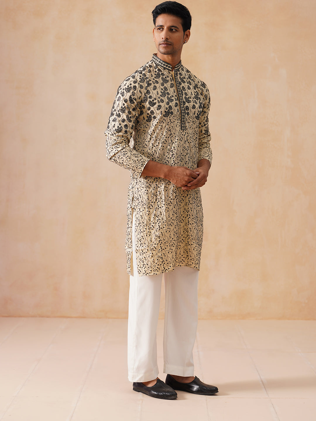 DesiQlo Men Embroidered Kurta Pyjama Set - Beige - JOKP_PJ11-W_5267Cre