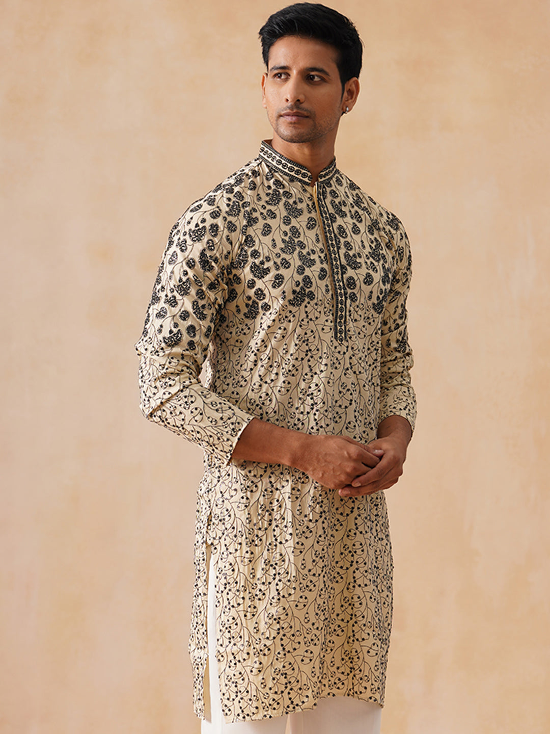 DesiQlo Men Floral Kurta Only - Beige - KO_5267Cream_S