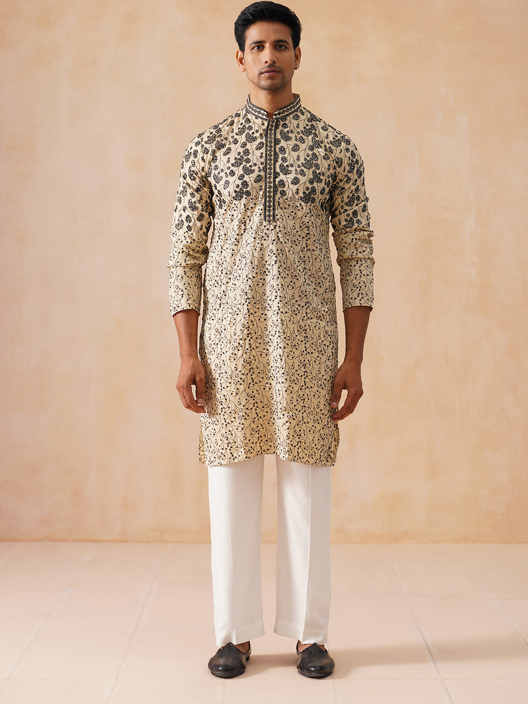 DesiQlo Men Embroidered Kurta Pyjama Set - Beige - JOKP_PJ11-W_5267Cre
