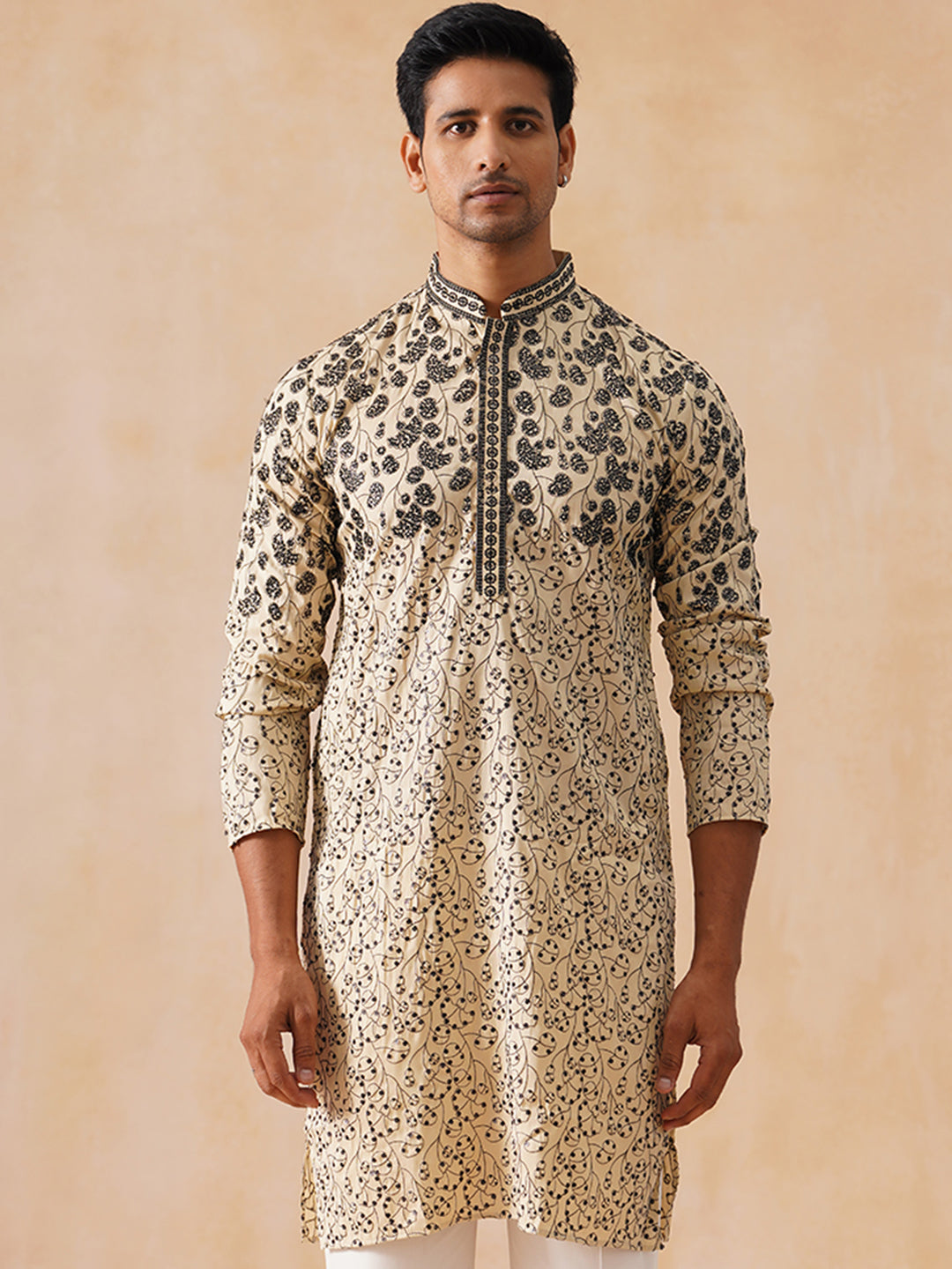 DesiQlo Men Floral Kurta Only - Beige - KO_5267Cream_S