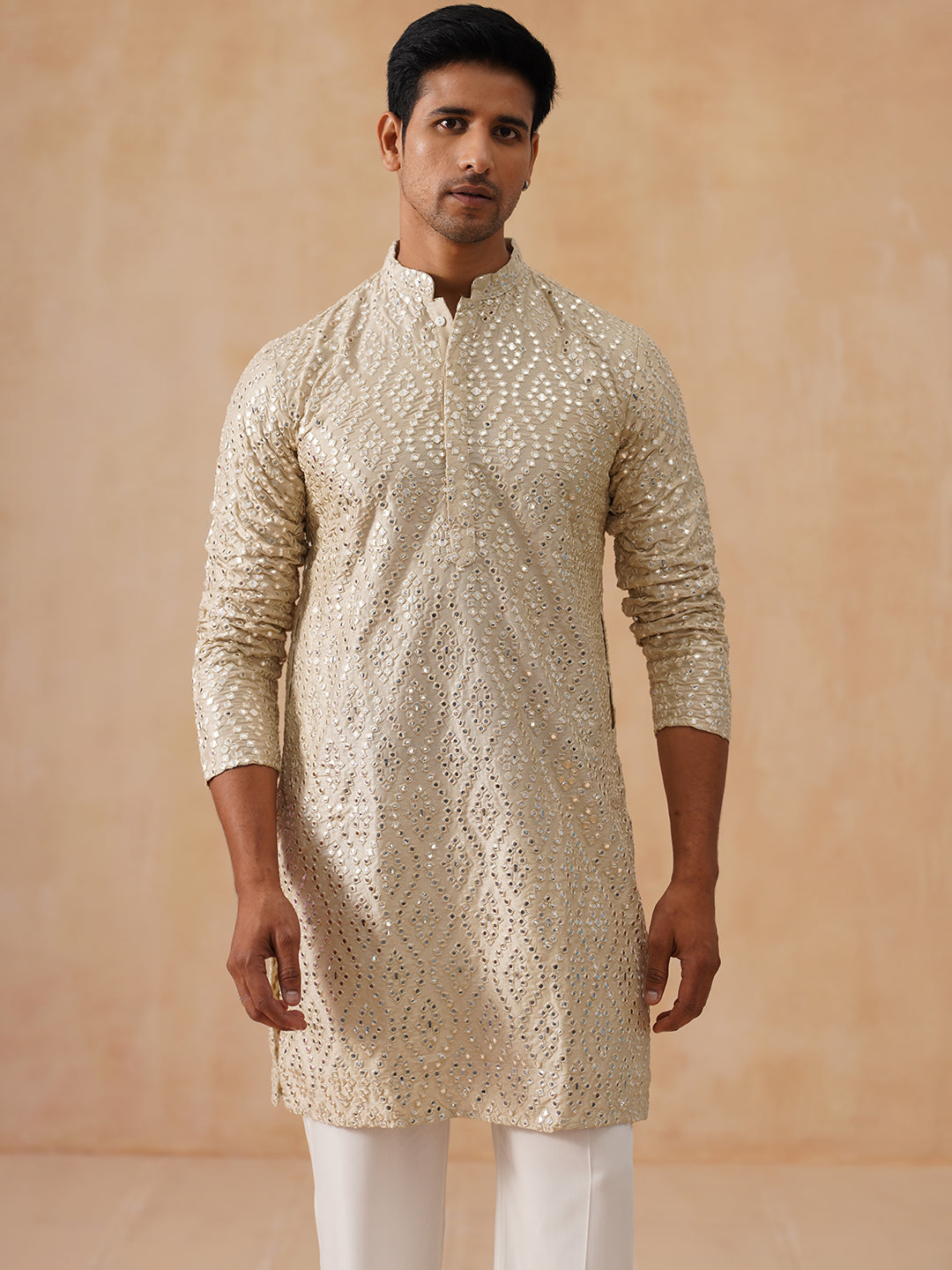 DesiQlo Men Embroidered Kurta Pyjama Set - Beige - JOKP_PJ11-W_5269Cre