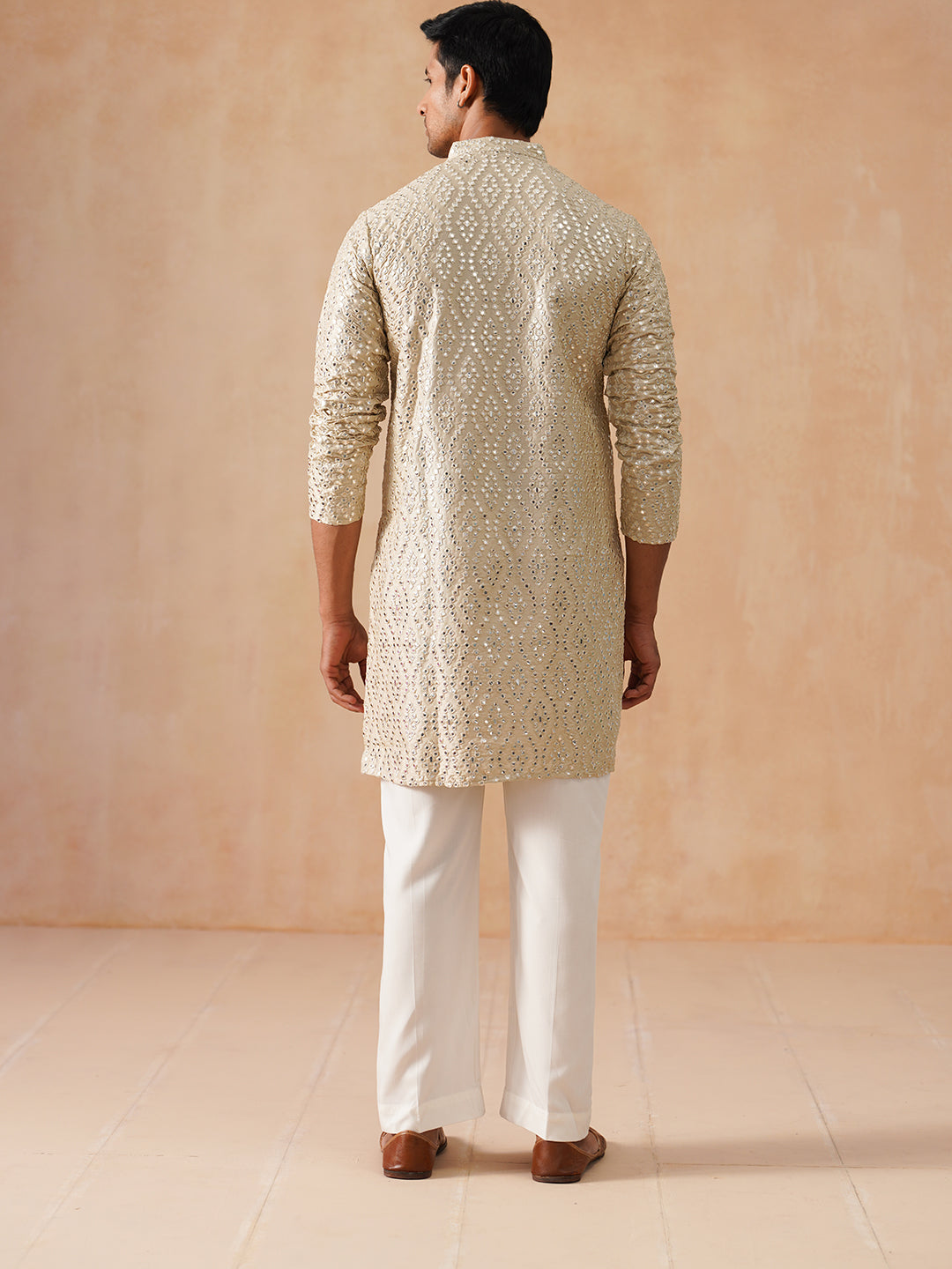 DesiQlo Men Embroidered Kurta Pyjama Set - Beige - JOKP_PJ11-W_5269Cre