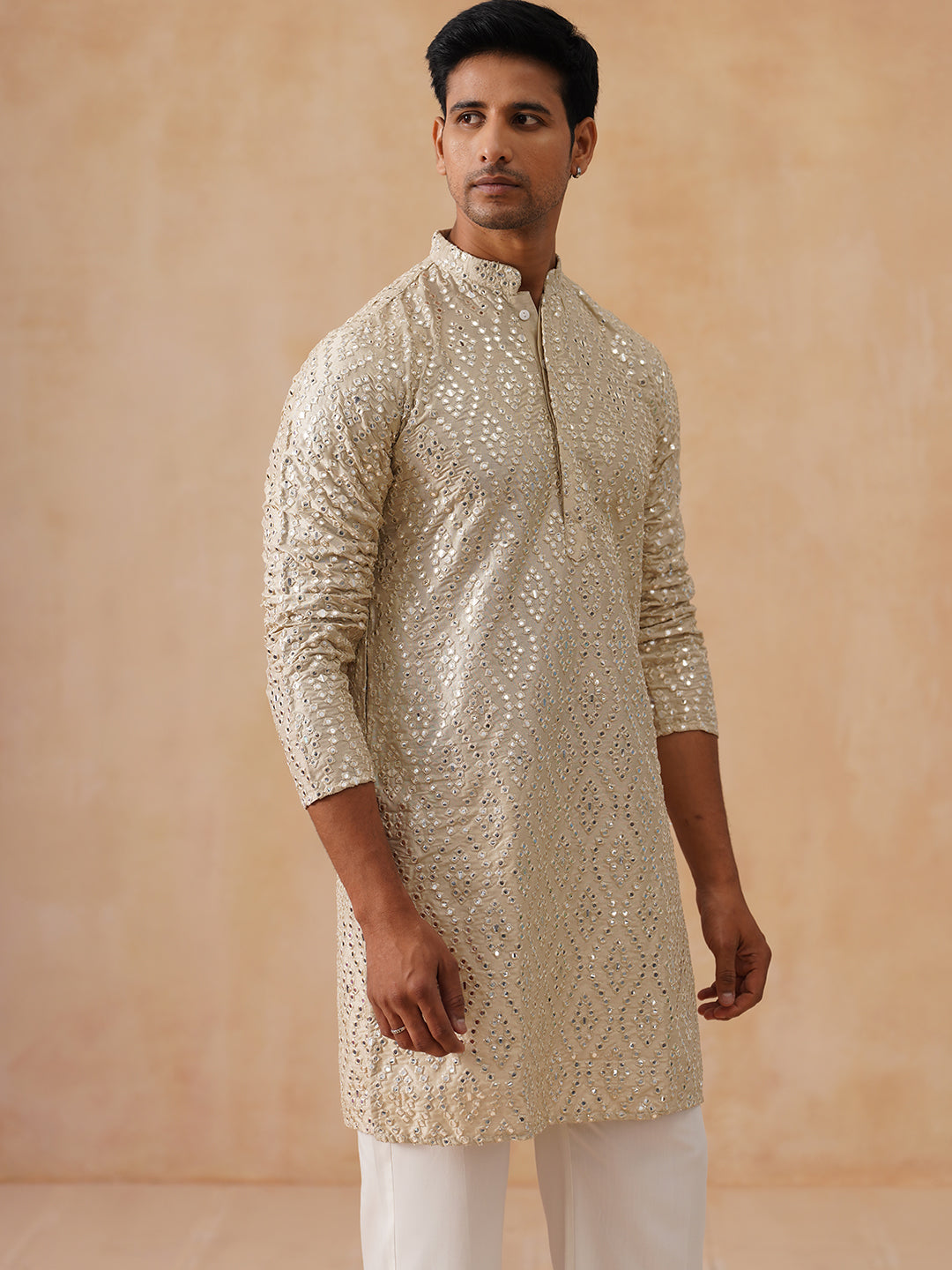 Traditional Mirror Embroidered Kurta Set for Men ( JOKP PJ11-W 5269 PJ11-W 5269Cream )