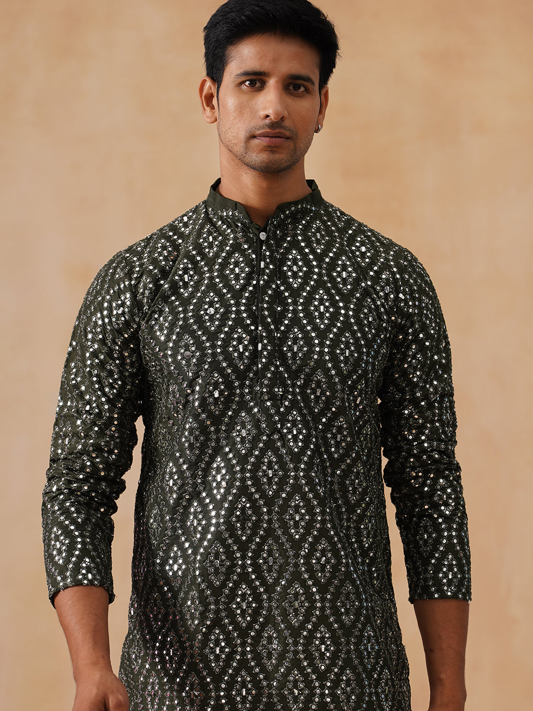 DesiQlo Men Embroidered Kurta Pyjama Set - Green - JOKP_PJ11-W_5269Oli
