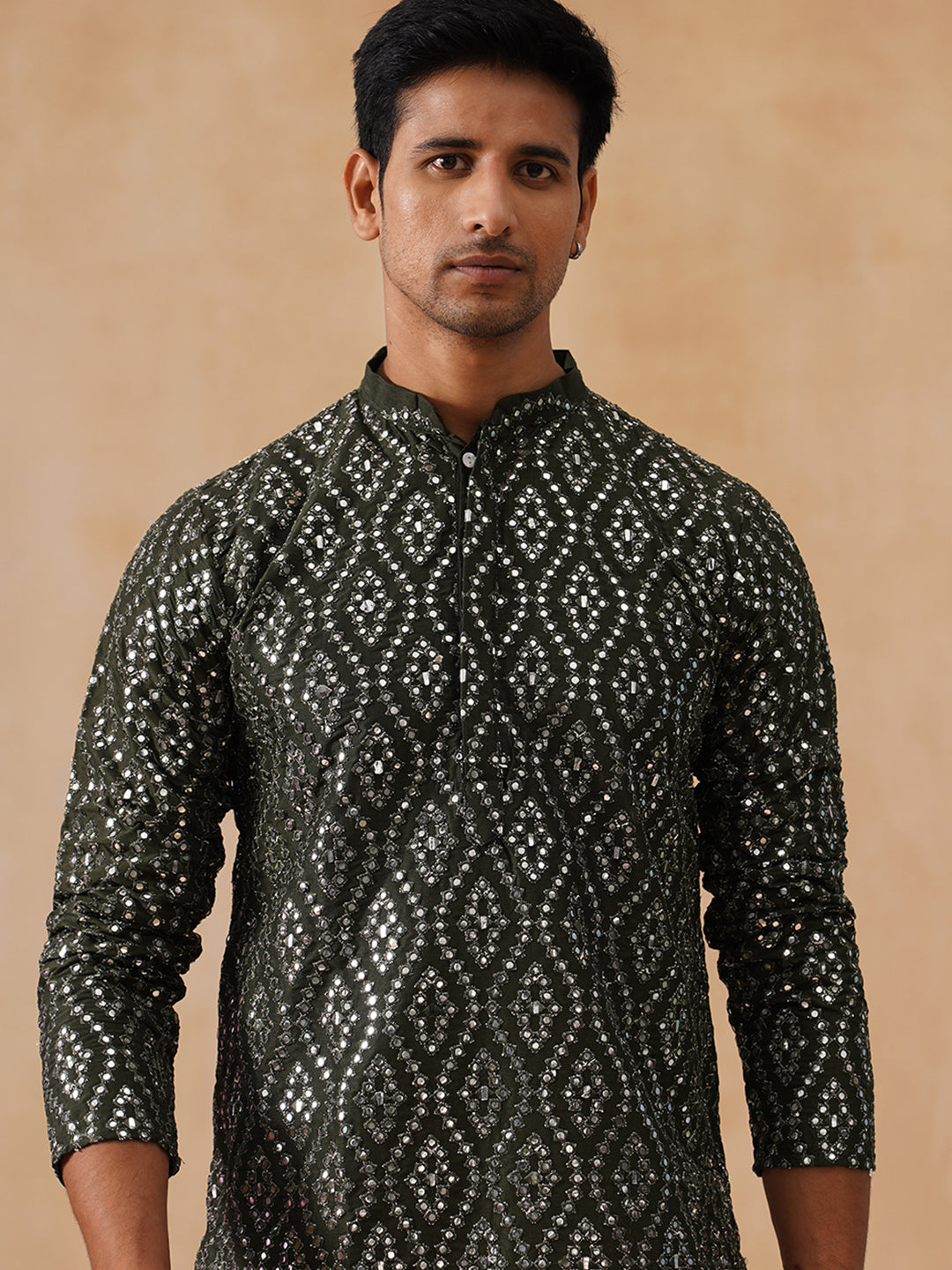 DesiQlo Men Geometric Kurta Only - Green - KO_5269Olive_S