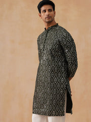 Traditional Mirror Embroidered Kurtas for Men ( KO 5269 Olive ) [FF] [I-1-4]