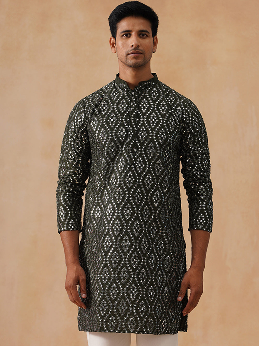 DesiQlo Men Geometric Kurta Only - Green - KO_5269Olive_S