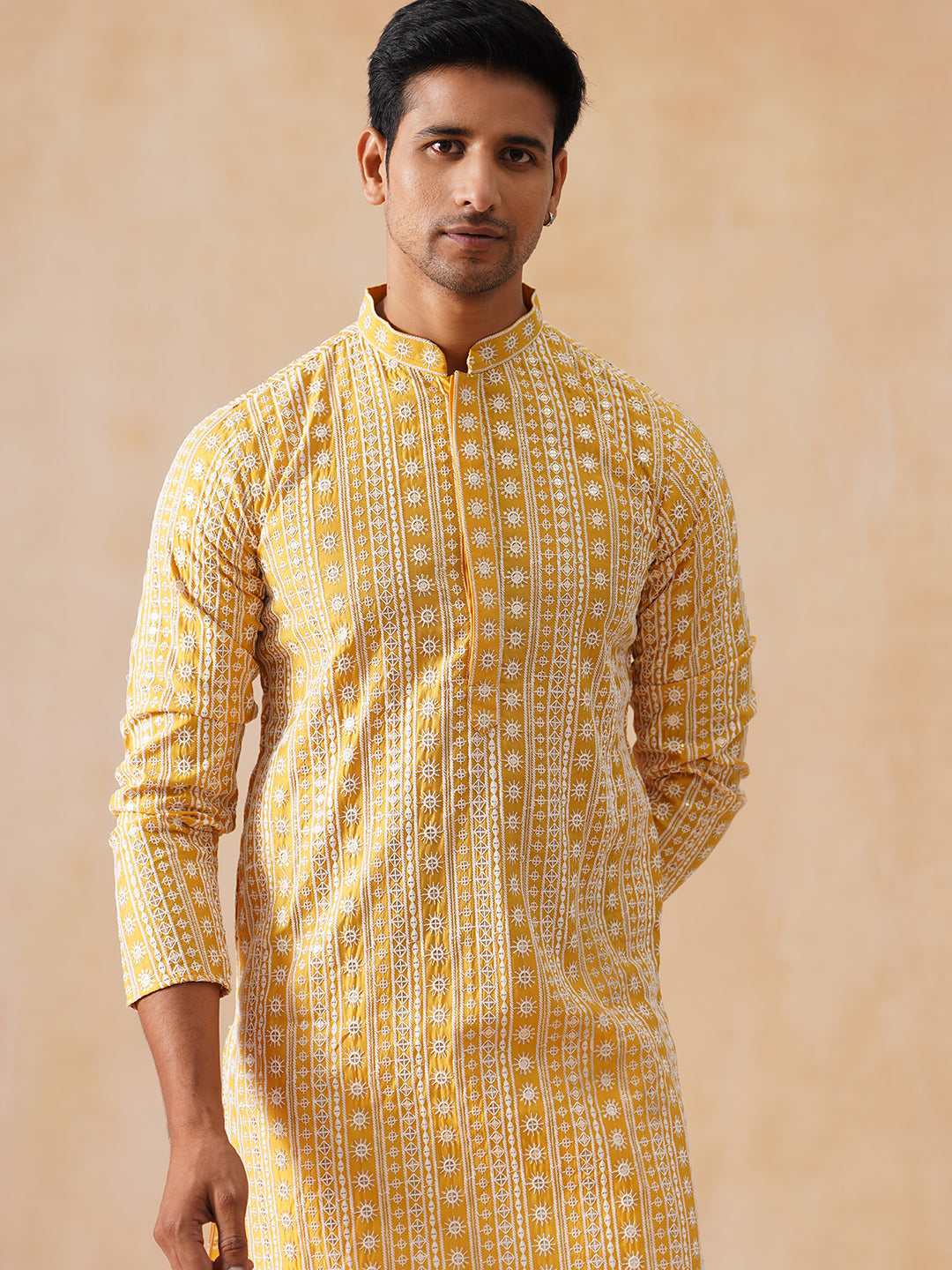 DesiQlo Men Embroidered Kurta Pyjama Set - Yellow - JOKP_PJ11-W_5280Mu