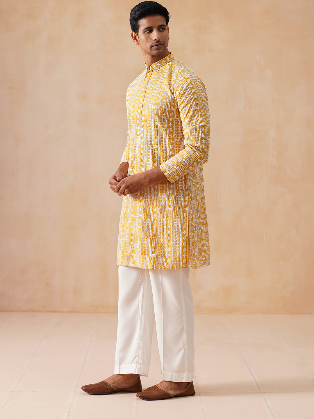 DesiQlo Men Embroidered Kurta Pyjama Set - Yellow - JOKP_PJ11-W_5280Mu