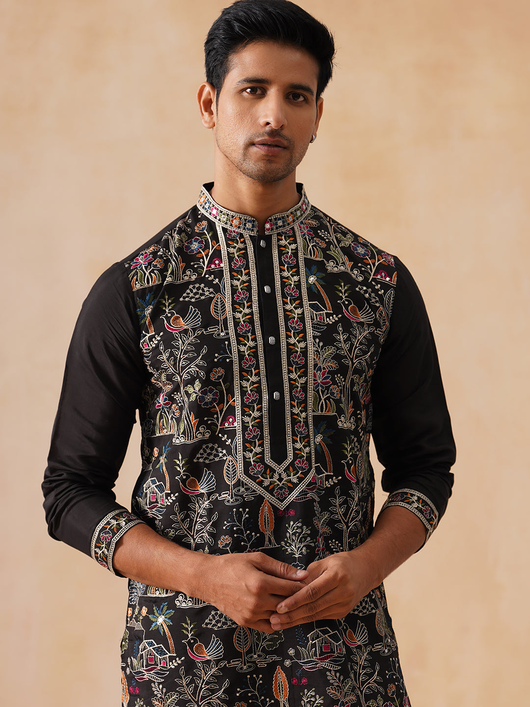 DesiQlo Men Floral Kurta Only - Black - KO_5283Black_S