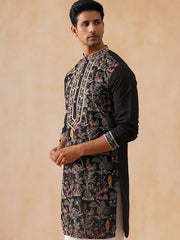Silk Blend Kurta with Multicolor Embroidery ( KO 5283 Black ) [FF] [A-11]