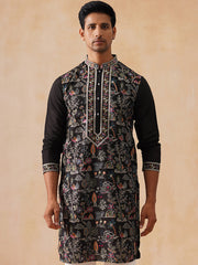 Silk Blend Kurta with Multicolor Embroidery ( KO 5283 Black ) [FF] [A-11]