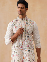 Silk Blend Kurta Set with Multicolor Embroidery (JOKP PJ11-W 5283 White )