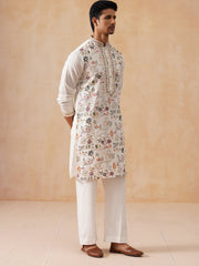 Silk Blend Kurta Set with Multicolor Embroidery (JOKP PJ11-W 5283 White )