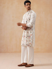Silk Blend Kurta Set with Multicolor Embroidery (JOKP PJ11-W 5283 White )