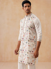 Silk Blend Kurta Set with Multicolor Embroidery (JOKP PJ11-W 5283 White )