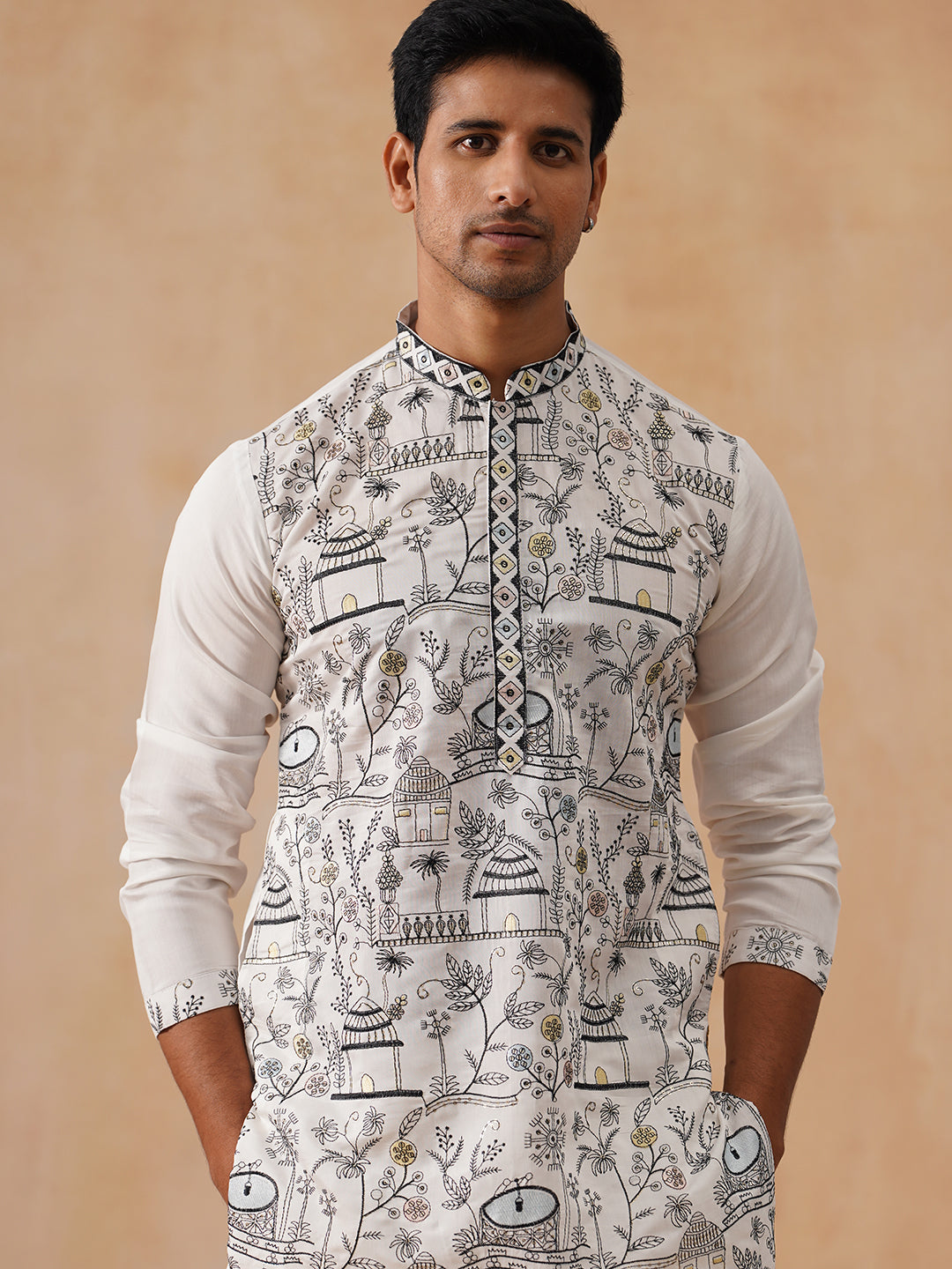 DesiQlo Men Floral Kurta Only - White - KO_5288White_S