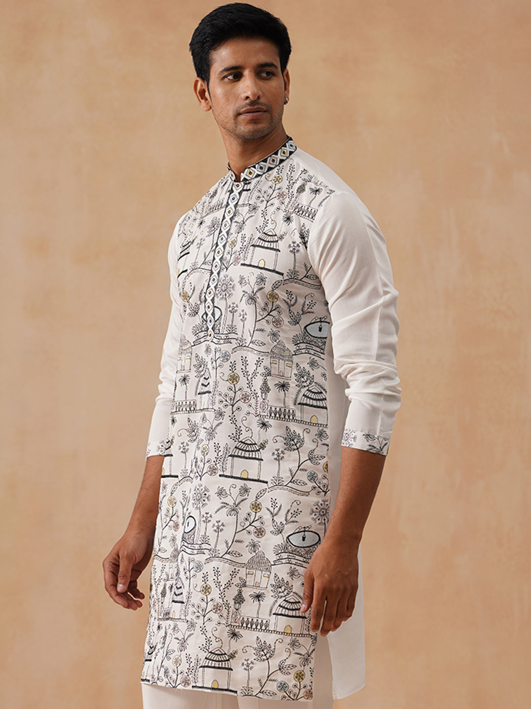 DesiQlo Men Floral Kurta Only - White - KO_5288White_S