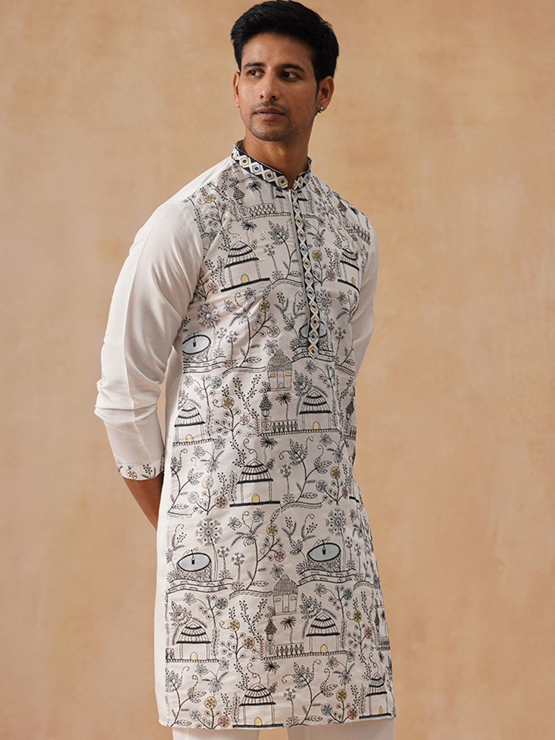 DesiQlo Men Floral Kurta Only - White - KO_5288White_S