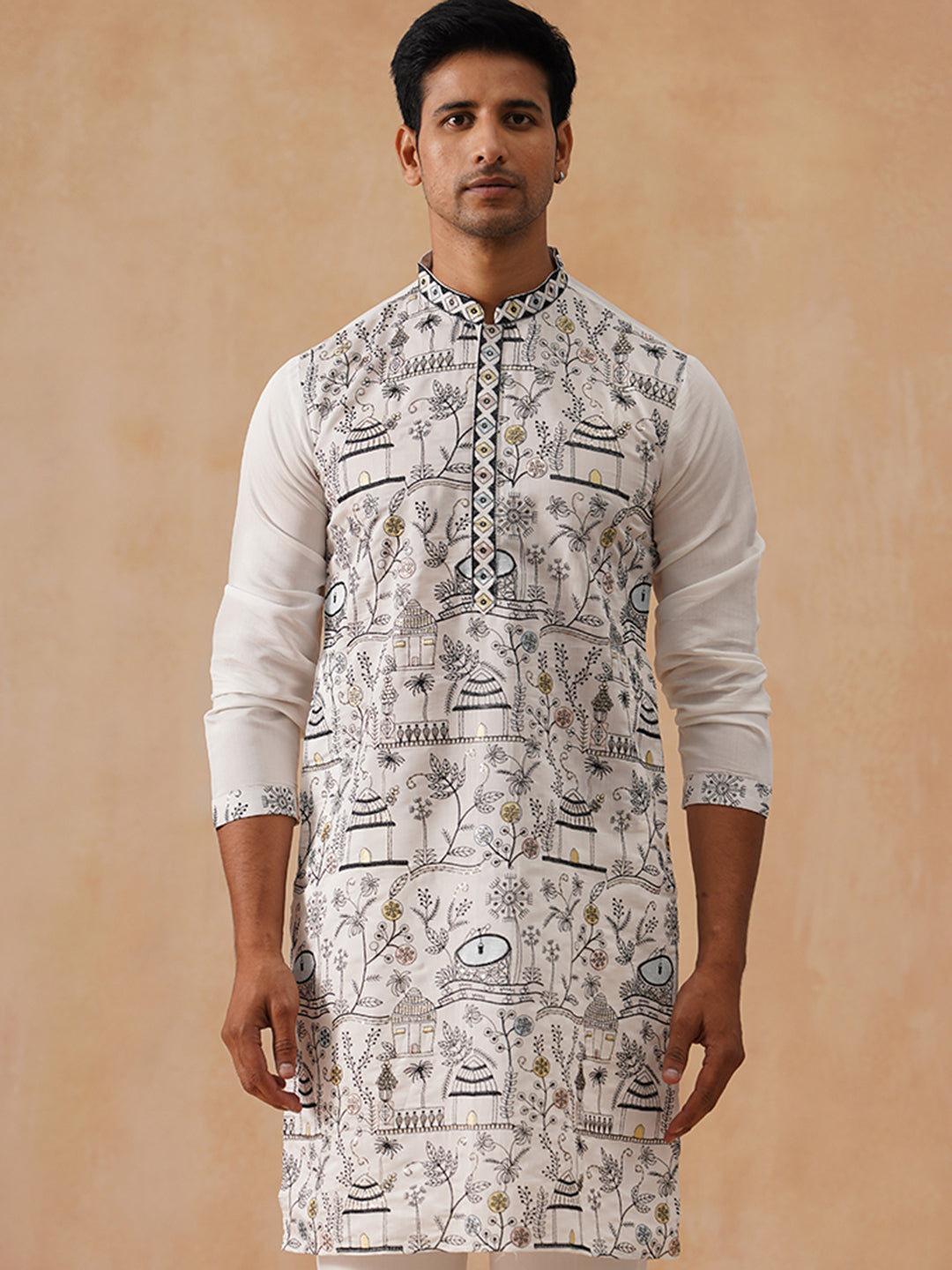 DesiQlo Men Floral Kurta Only - White - KO_5288White_S