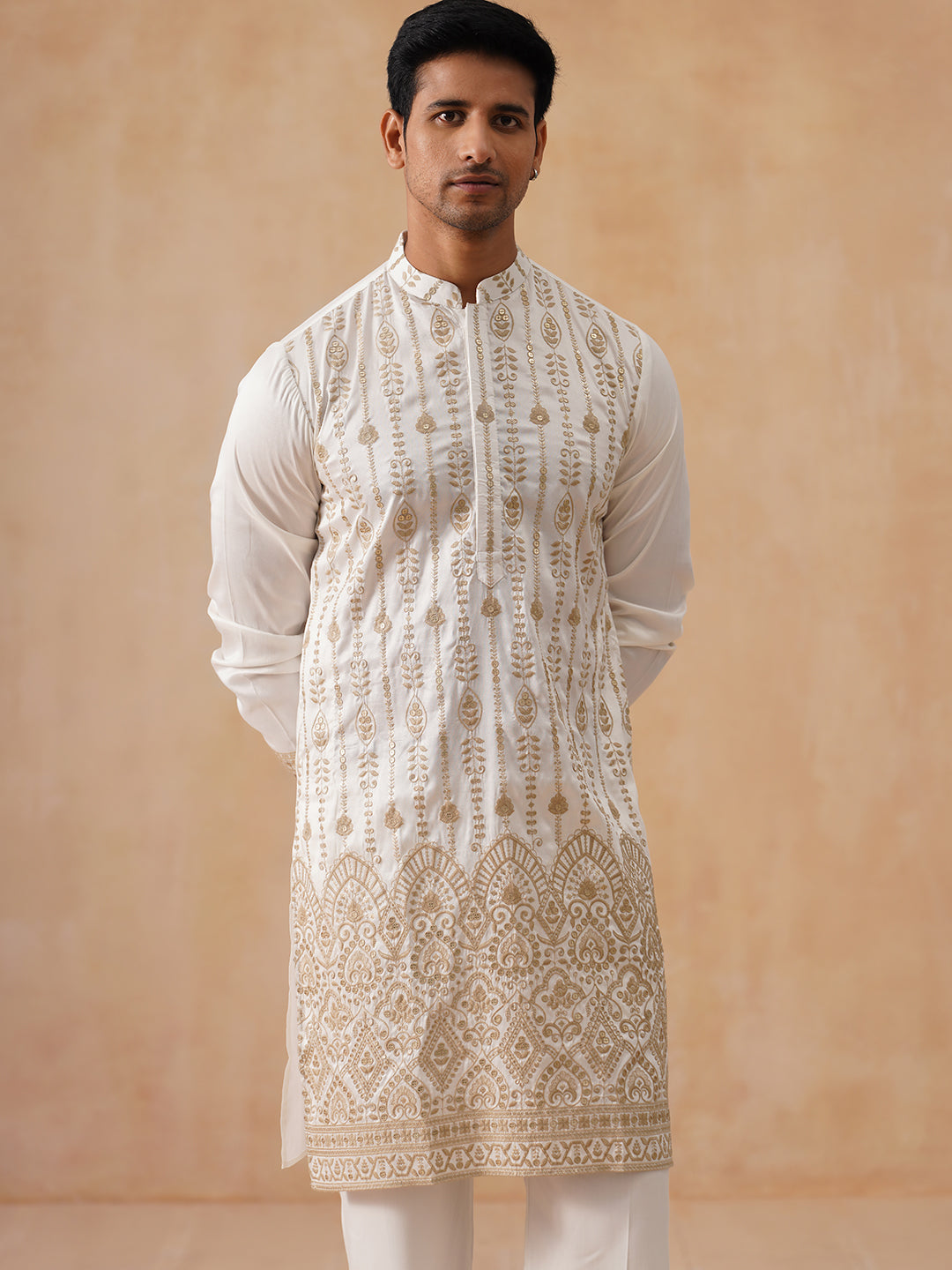 DesiQlo Men Embroidered Kurta Pyjama Set - White - JOKP_PJ11-W_5289Whi