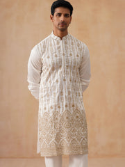 Embroidered Silk Blend Kurta Pyjama Set (JOKP PJ11-W 5289 White )