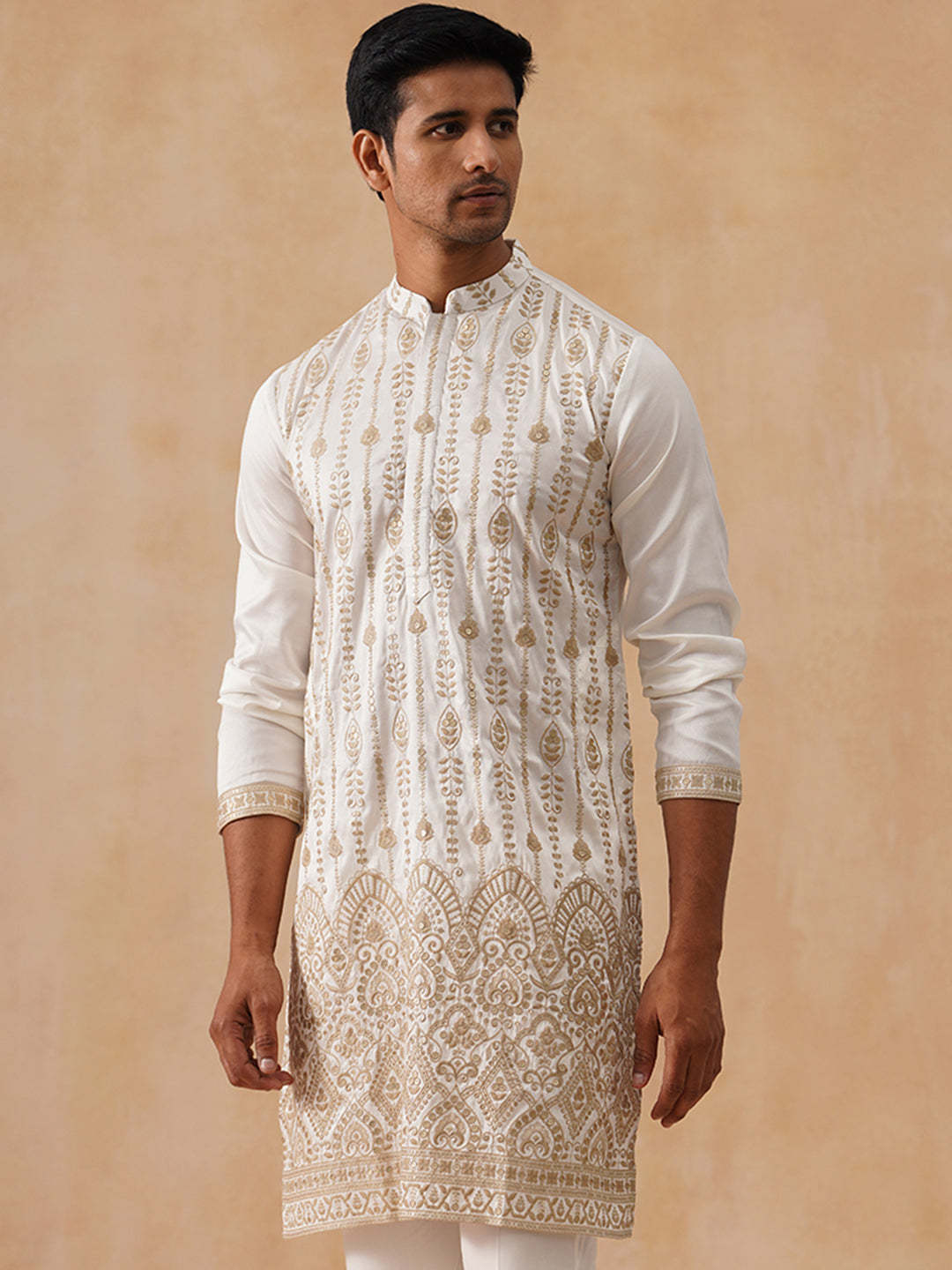 DesiQlo Men Floral Kurta Only - White - KO_5289White_S