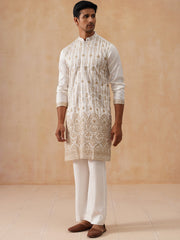 Embroidered Silk Blend Kurta Pyjama Set (JOKP PJ11-W 5289 White )
