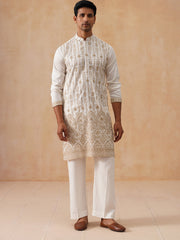 Embroidered Silk Blend Kurta Pyjama Set (JOKP PJ11-W 5289 White )