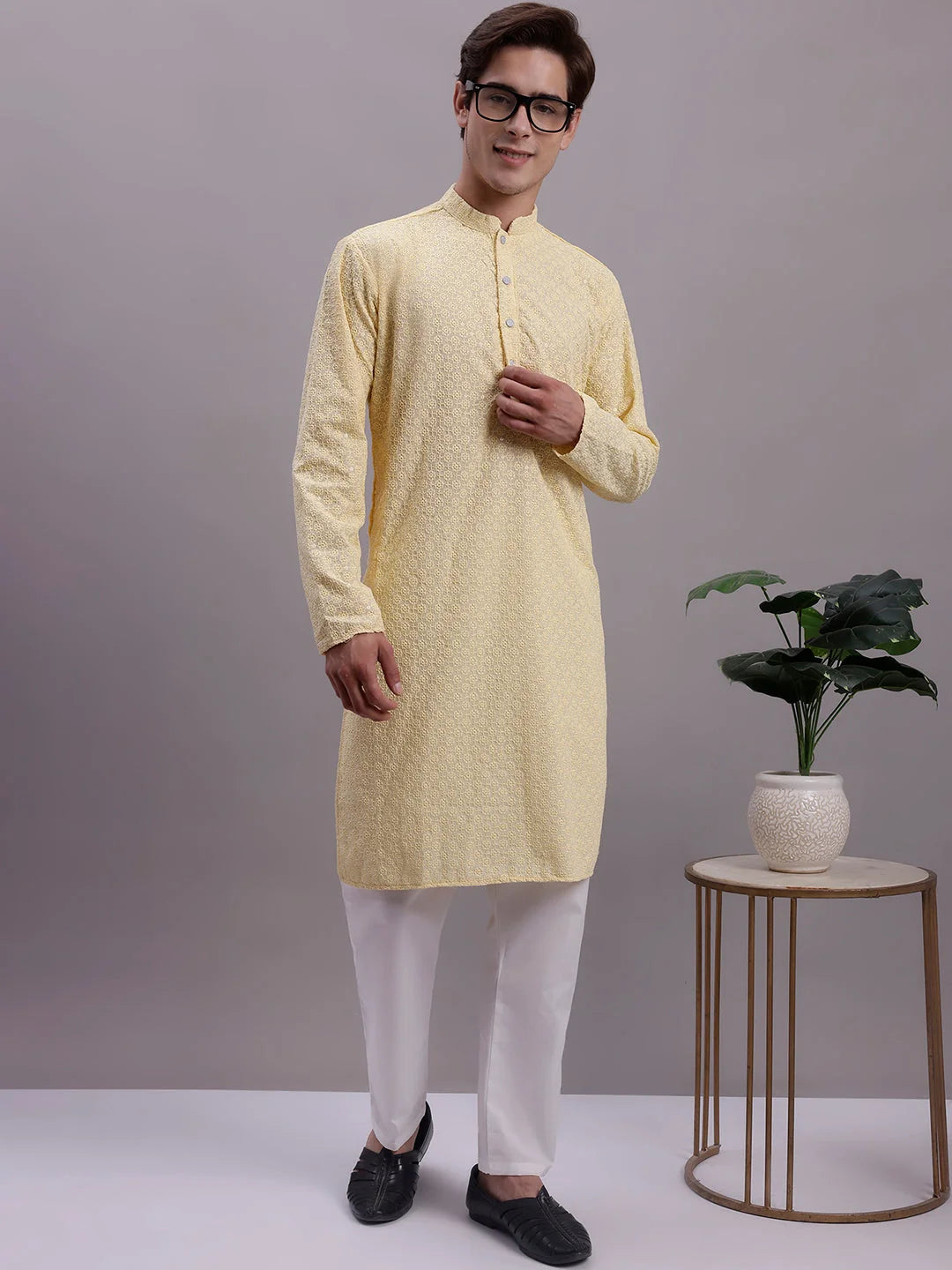 Yellow Chikankari Kurta Pajama: Mens Embroidered Cotton Set