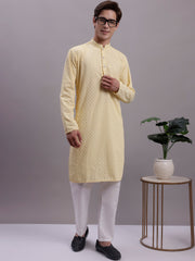 Men's Yellow Chikankari Limit Embroidered and Sequence Kurta with Pyjama.