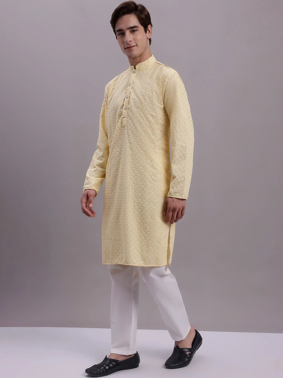 Yellow Chikankari Kurta Pajama: Mens Embroidered Cotton Set