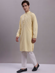 Men's Yellow Chikankari Limit Embroidered and Sequence Kurta with Pyjama.