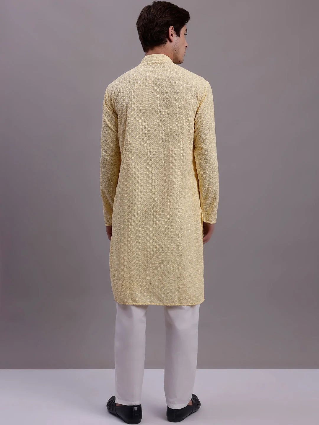 Yellow Chikankari Kurta Pajama: Mens Embroidered Cotton Set