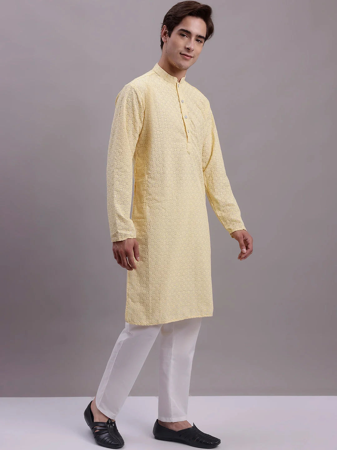 Yellow Chikankari Kurta Pajama: Mens Embroidered Cotton Set