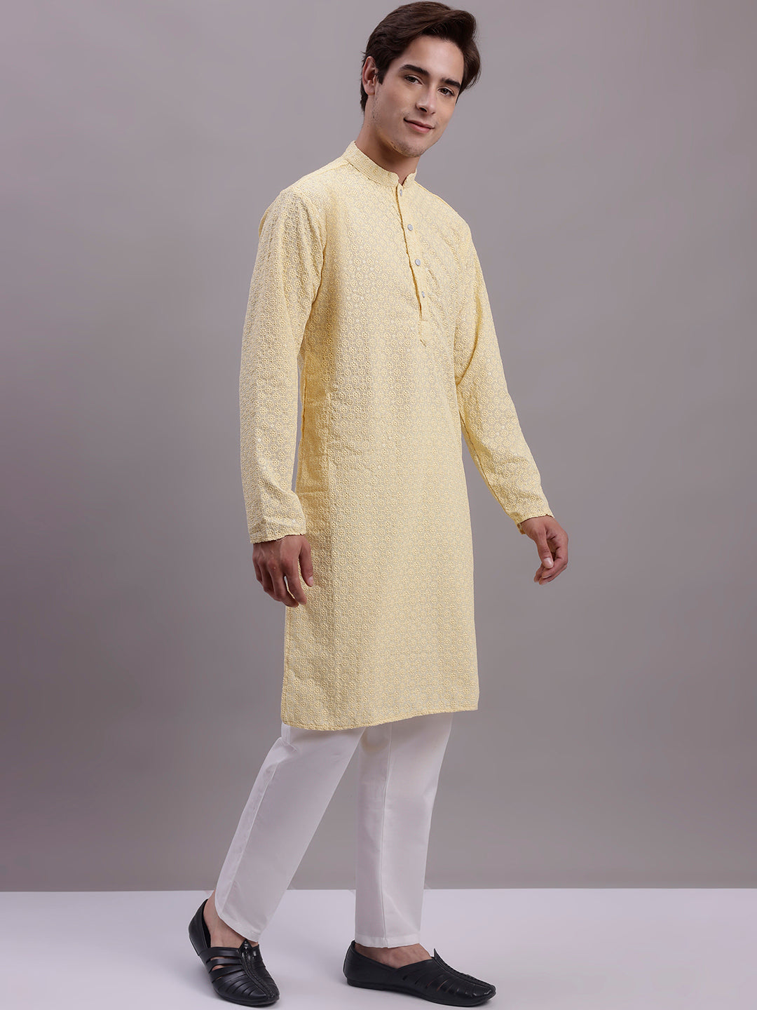 Yellow Chikankari Kurta Pajama: Mens Embroidered Cotton Set