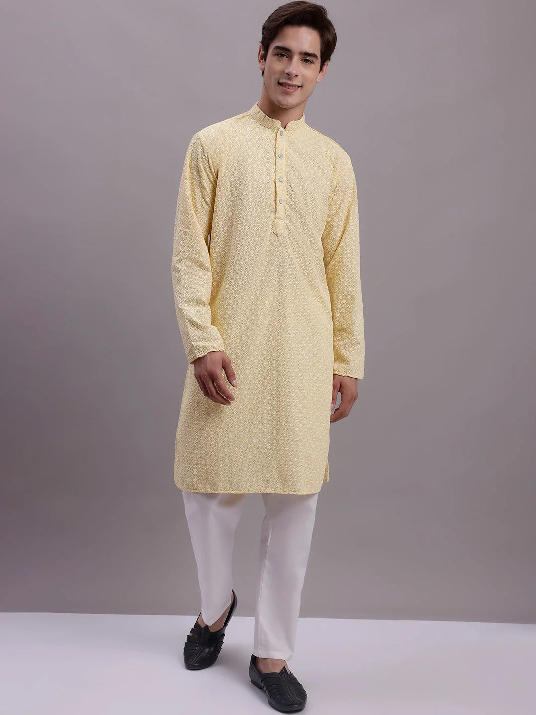 Yellow Chikankari Kurta Pajama: Mens Embroidered Cotton Set