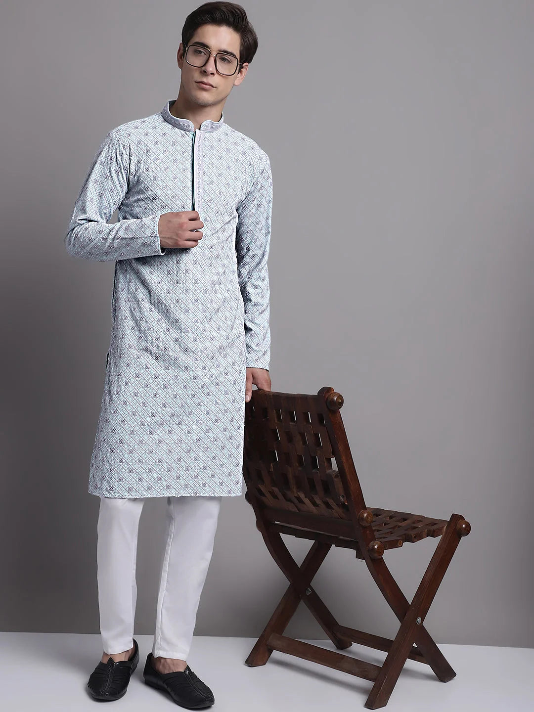 Blue Chikankari Kurta Pajama Set - Mens Kurta Pajama