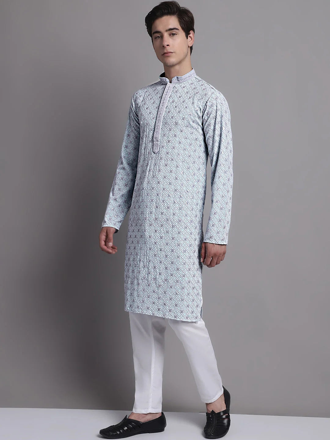 Blue Chikankari Kurta Pajama Set - Mens Kurta Pajama