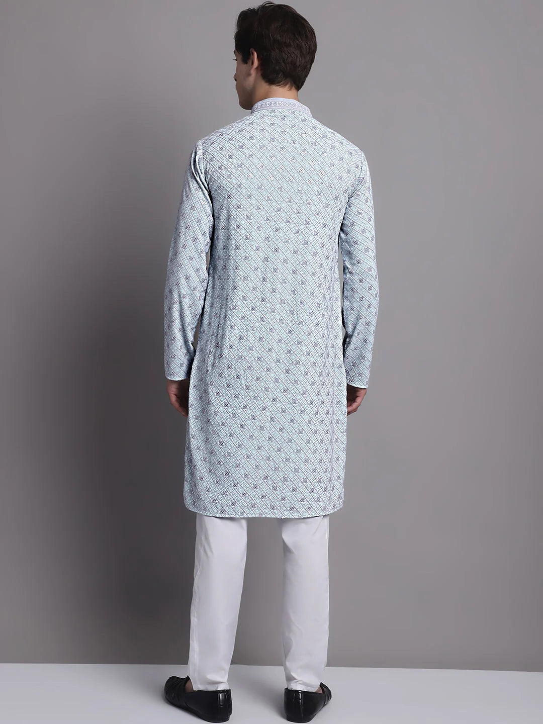 Blue Chikankari Kurta Pajama Set - Mens Kurta Pajama
