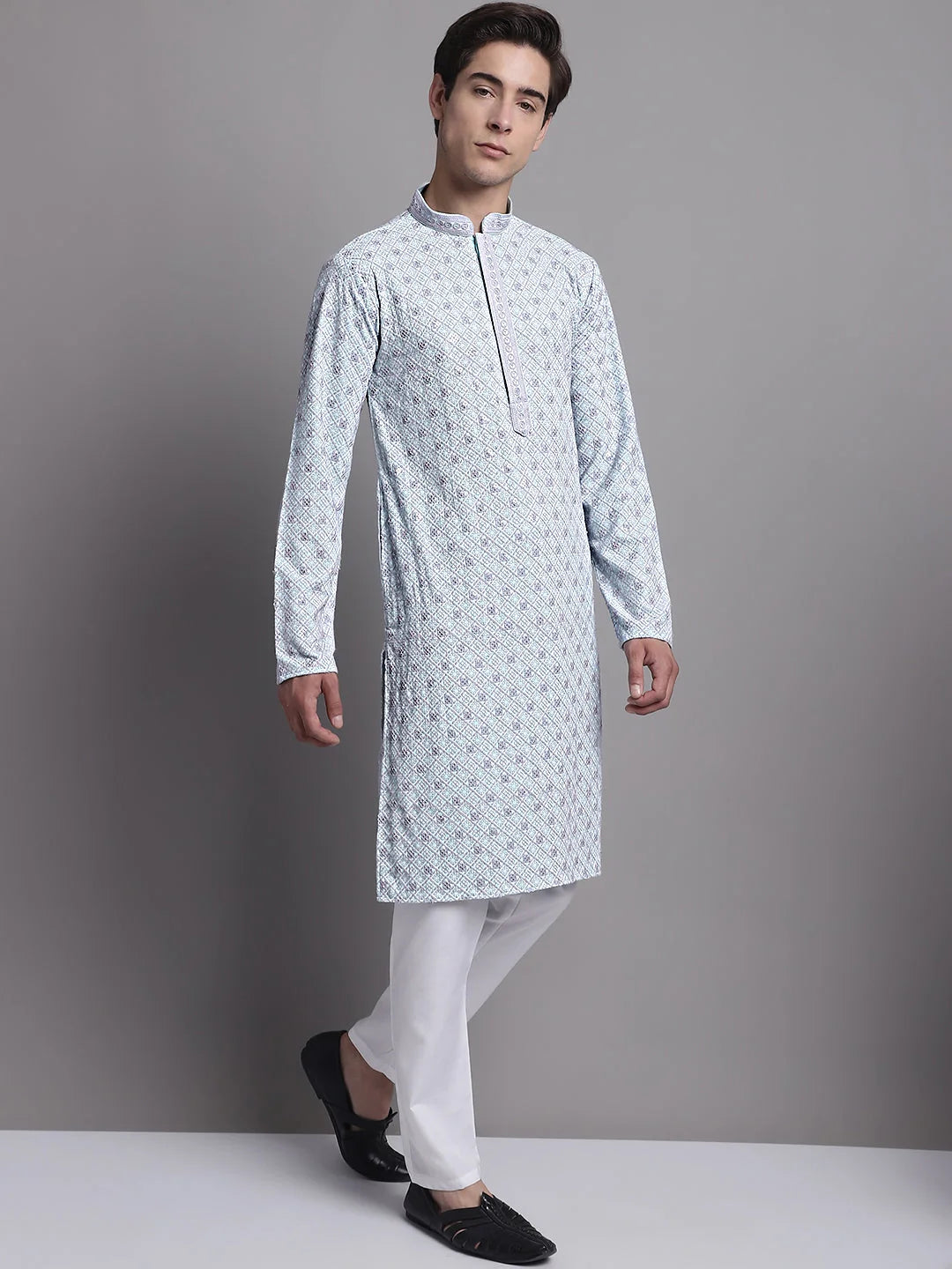Blue Chikankari Kurta Pajama Set - Mens Kurta Pajama
