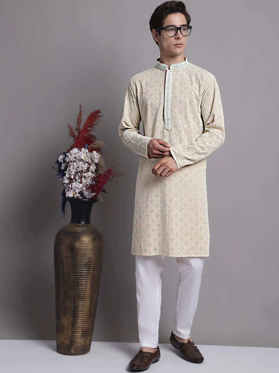 Men's Peach Chikankari Embroidered and Sequence Kurta with Pyjama.
